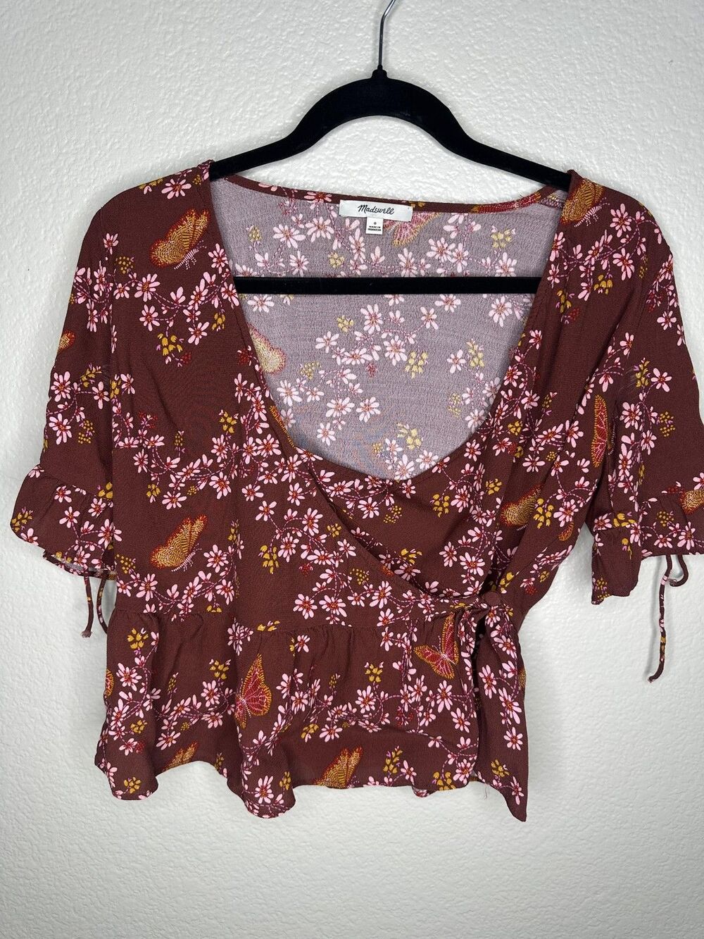 Madewell Blouse Womens 0 Brown Floral Butterfly Wrap Ruffle Hem Boho Crop Top